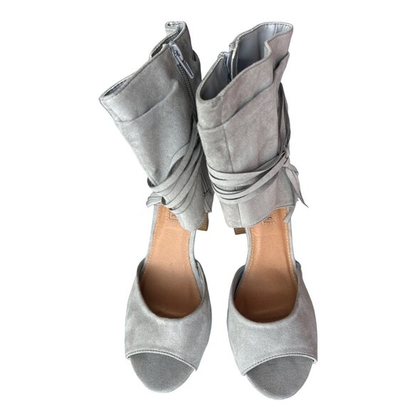 Leila Stone Gray Ankle Boots Chelsy Sandals Ankle Wrap Ties Stacked Heel 9.5 - Picture 9 of 10